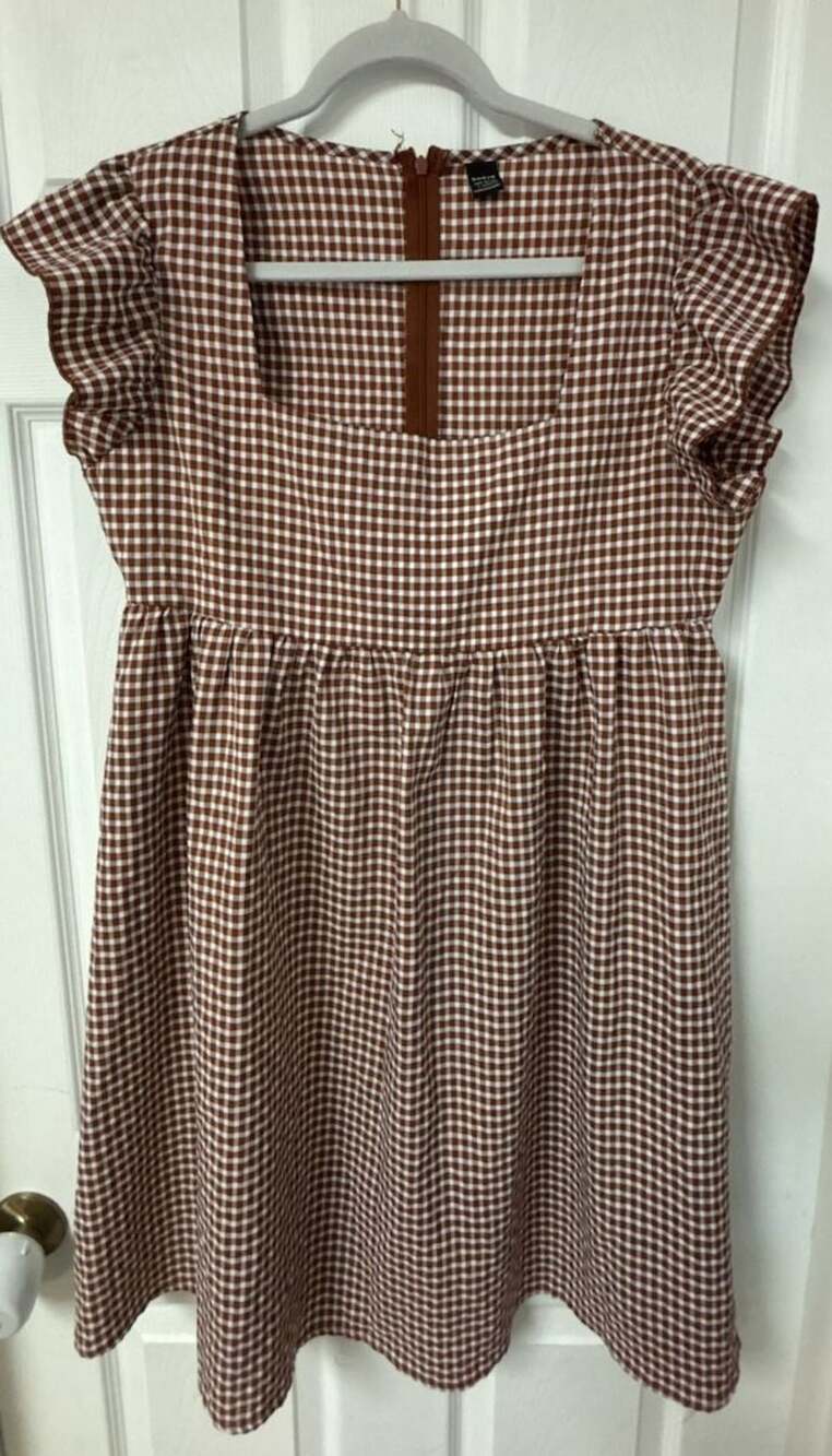 SHEIN Gingham Square Neck Butterfly Sleeve Smock Dress Brown White